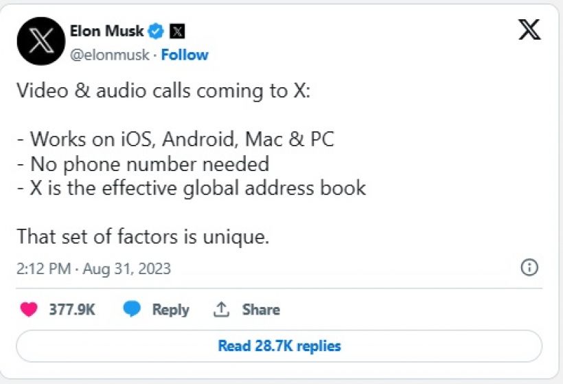 Elon Musk ประกาศ เตรียมเพิ่มฟีเจอร์วิดีโอคอลบน X